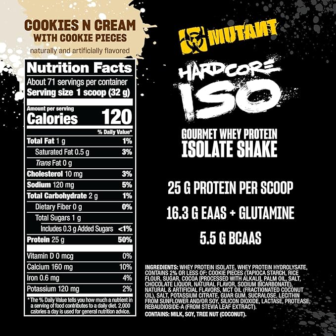 Mutant Hardcore ISO Whey Protein Isolate Powder Acts Fast to Help Recover, Build Muscle, Bulk and Strength, 5 lb - Cookies & Cream