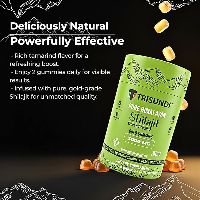 Himalayan Shilajit Gold Gummies 3000mg | Herbal Blend with Ginseng, KSM-66 Ashwagandha, Black Musli & Gokshura | Vegan Supplement – 60 Gummies (30 Day Supply)