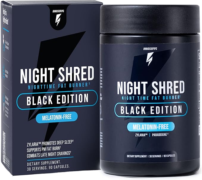 Night Shred Black Melatonin-Free Nighttime Fat Burner and Sleep Support Supplement - GABA Complex with Ashwagandha, CLA, Grains of Paradise, and Zylaria - Thermogenic Fat Burner - 90 Vegan Capsules