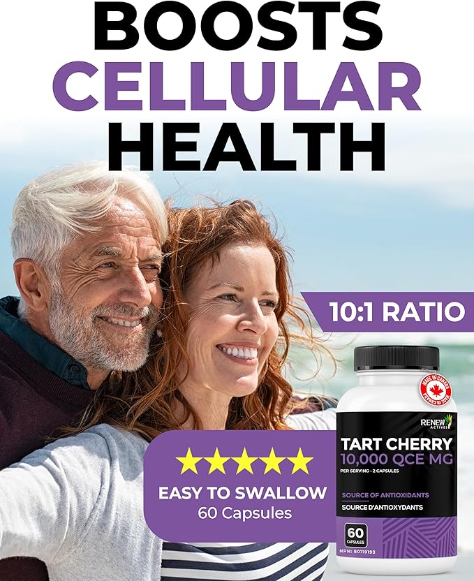 Renew Actives Tart Cherry Extra 500mg per 2 Capsules – High-Potency Antioxidant for Free Radical Protection & Wellness – 60 Easy-to-Swallow Capsules – Made in Canada