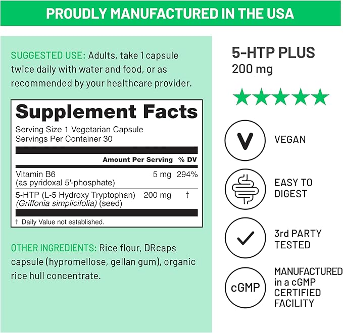 NatureWise 5-HTP 200mg Supplement from Griffonia Seeds with Cofactor Vitamin B6 - Mood Support and Natural Sleep Aid for Adults - Delayed-Release, Vegan - 30 Count[1-Month Supply]