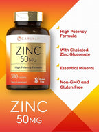 Carlyle Zinc 50mg | 300 Tablets | Vegetarian, Non-GMO, and Gluten Free Supplement | Zinc Gluconate | High Potency Formula