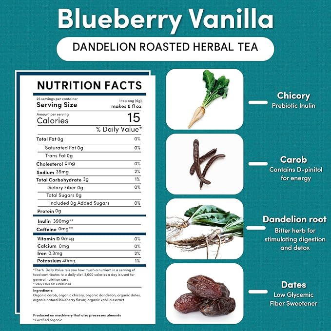 Teeccino Dandelion Blueberry Vanilla Herbal Tea - 25 Tea Bags - Rich & Roasted Herbal Tea That’s Caffeine Free & Prebiotic for Natural Energy, Coffee Alternative