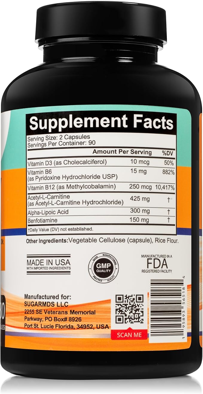 SugarMD Neuropathy Support Supplement – 180 Nerve Supplement Capsules with Alpha Lipoic Acid, Benfotiamine & Vitamin D3 B6 B12 - Nerve Support for Feet Hands Fingers & Legs - 90 Day Supply