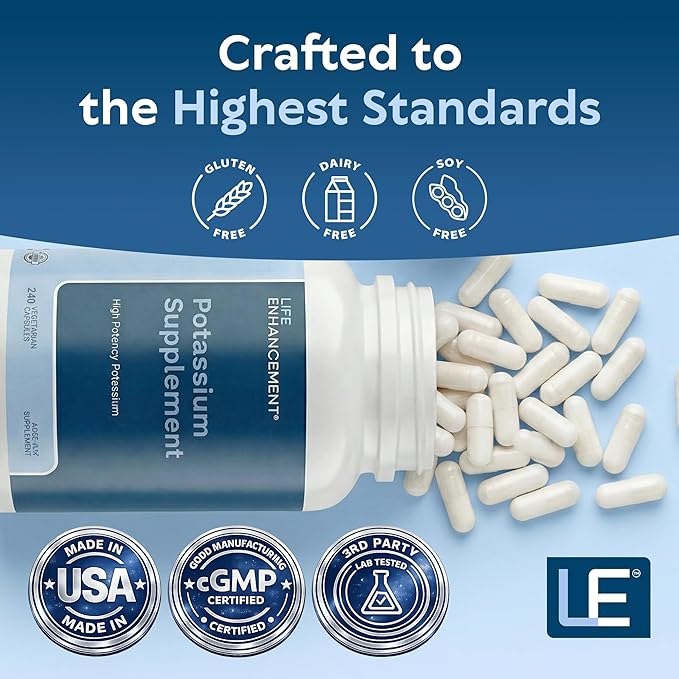Life Enhancement High Potency 1020 mg Potassium Supplement for Muscle, Brain & Bone Health - No Additives High Absorption Elemental Potassium Supplement, Made in USA (240 Capsules – 120 Servings)