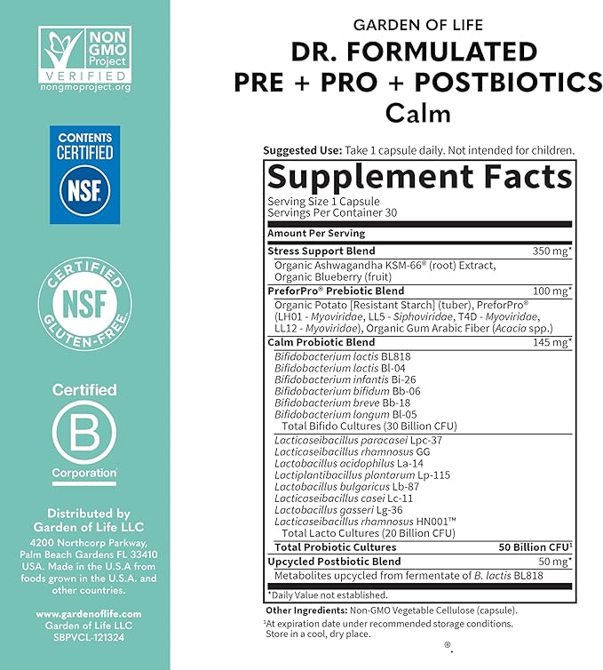 Garden of Life Dr. Formulated Pre, Post & Probiotics Calm 50 Billion CFU Daily 3-in-1 Complete Supplement with Ashwagandha – Mood Support, Digestive & Immune Support, 30 Vegetarian Capsules