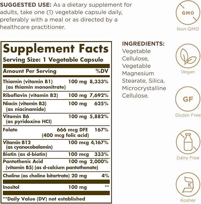 Solgar B-Complex "100", 50 Vegetable Capsules - Nervous System Support - Supports Energy Metabolism - Non-GMO, Vegan, Gluten Free, Dairy Free, Kosher - 50 Servings