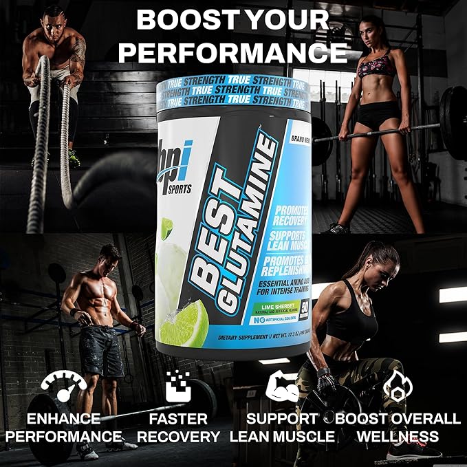 BPI Sports Best Glutamine Supplement, L Glutamine Powder for Gut Health, Muscle Recovery and Immune Support – 6 Advanced Glutamine Types + Vitamin C – 50 Servings – Lime Sherbet Flavor
