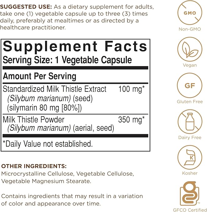 Solgar Milk Thistle - 100 Vegetable Capsules - Full Potency (FP) - Non-GMO, Vegan, Gluten Free, Dairy Free, Kosher - 100 Servings