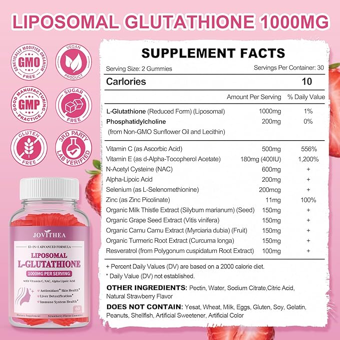 2 Pack Liposomal Glutathione Gummies 1000mg, High Absorption Glutathione Supplement with Vitamin C, Milk Thistle for Skin Health, Liver Detox & Immune, Vegan, Sugar Free, Strawberry Flavor, 120 Count