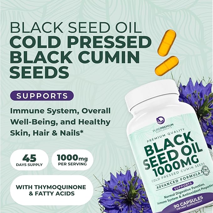 Black Seed Oil 1000mg per Serving. Non-GMO & Vegetarian Black Seed Oil Capsules 45 Day Serving. Organic Cold Pressed Black Cumin Seed. Nigella Sativa Seeds. USA Made Supplement for Men & Women