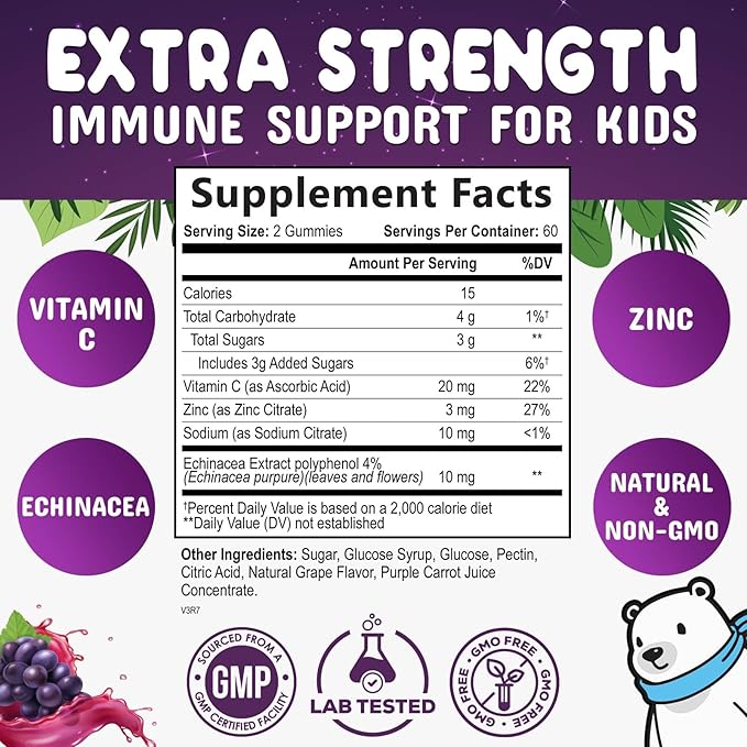 Kids Immune Support Gummies - Vitamin C, Zinc & Echinacea Children's Daily Immune Health Support Gummy Supplement for Ages 4 and Up, Natures Kid's Vitamin C Gluten-Free & Non-GMO, Vegan - 120 Gummies