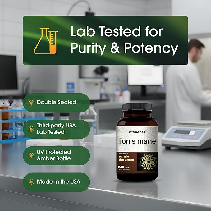 NatureBell Lion’s Mane - 240 Capsules - Organic Fruiting Body & Mycelium - Brain, Immune & Energy Support* - High-Potency Extract - Non-GMO & Gluten-Free