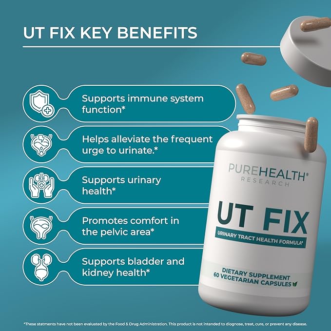 PUREHEALTH RESEARCH UT Fix - Urinary Tract Health Formula - Urinary Tract Support for Women & Men - Cranberry Supplement with D Mannose 1000mg, Vitamin D3 & Bee Propolis - 60 Capsules