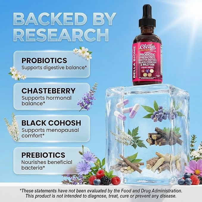 Liquid Probiotics for Women Drops with Chasteberry, Black Cohosh, Prebiotics, Digestive Enzymes, Evening Primrose Oil, Wild Yam, Cranberry Dmannose and Iron Vitamin D3 K2 Clean Nutra Bella Biotics