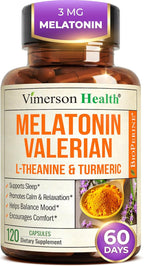 Melatonin 3mg Sleep Aid with L-Theanine & Valerian Root – Turmeric Curcumin Supplement with Ginger & Black Pepper – Organic Turmeric Supplement for Sleep, Calm and Stress Relief Support – 120 Capsules