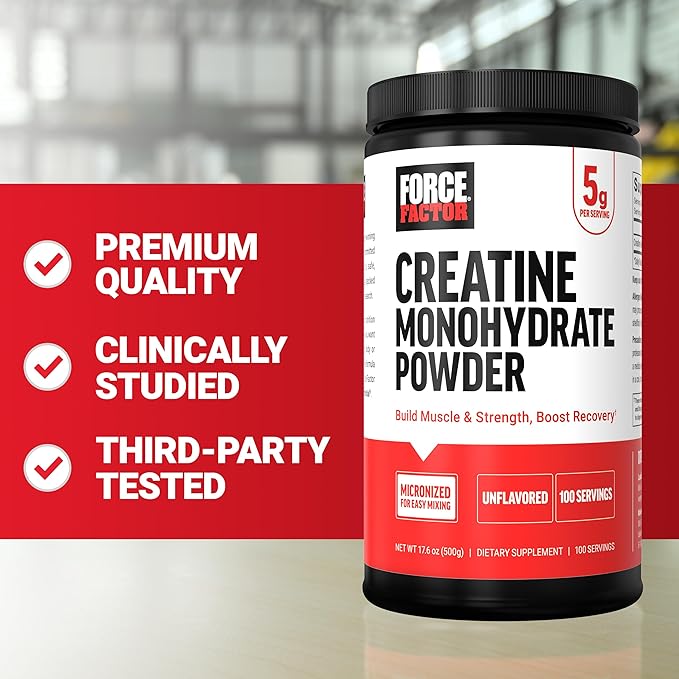 Force Factor Creatine Monohydrate Micronized Powder 500G, 5g Dose to Support Muscle Growth, Strength, Recovery, Cognitive Health & Memory, Unflavored, 100 Servings, 17.6 Oz