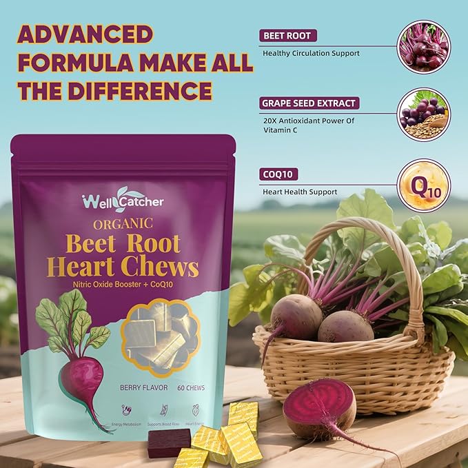 Organic Beet Root Chews Supplements: Beet soft Chews for Women Men Support Blood & Heart Health Nitric Oxide Boost with Grape Seed Extract CoQ10, Beet Root Gummies Vegan Non-GMO Berry Flavor 60CT