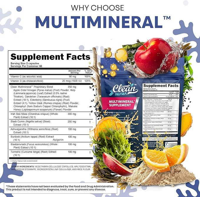 Clean Nutraceuticals Sea Moss Black Seed Oil Ashwagandha Turmeric Bladderwrack Burdock & Vitamin C Vitamin D3 with Elderberry Manuka Dandelion (120 Count (Pack of 1))