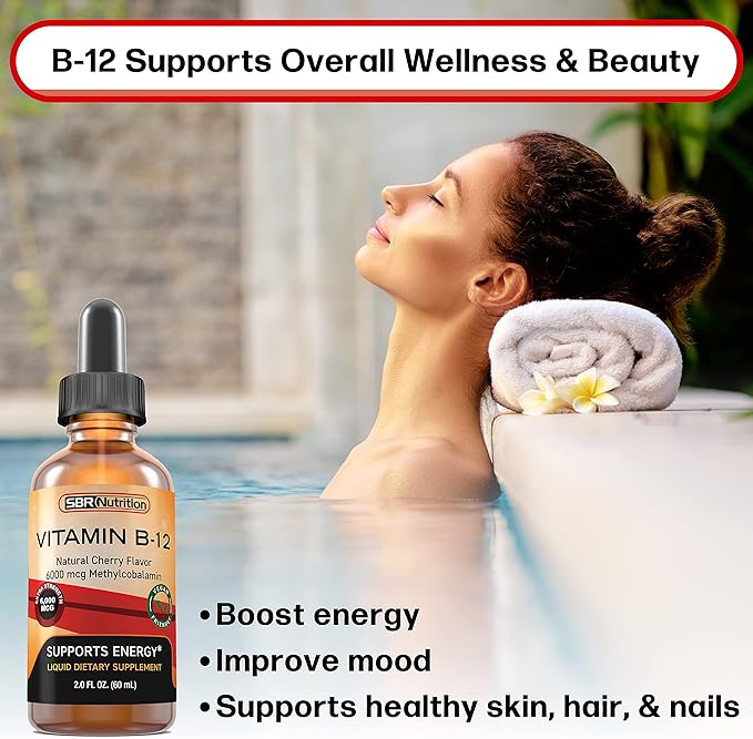 SBR Nutrition Extra Strength 6000mcg Vitamin B12 Sublingual Liquid Drops - Methylcobalamin, VIT B 12 Supports Energy, Max Absorption, 60 Servings, Non-GMO, Vegan Friendly, Manufactured in The USA