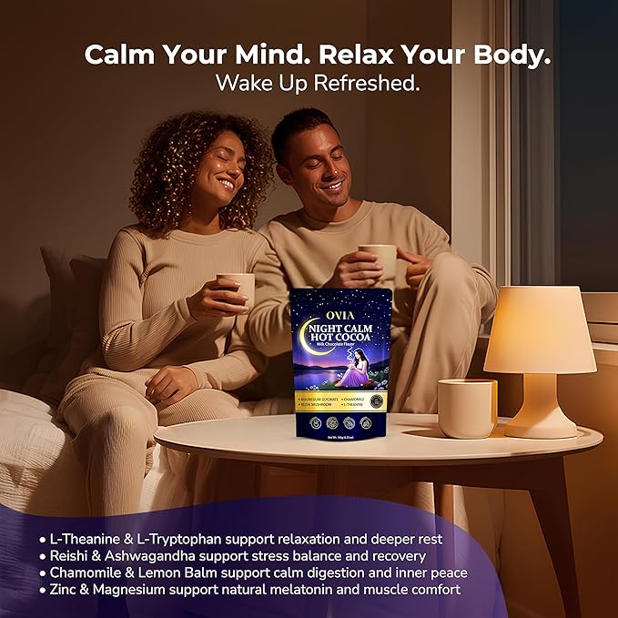 OVIA Night Calm – Melatonin-Free Magnesium Mushroom Hot Cocoa for Sleep – Nighttime Hot Chocolate with L-Tryptophan, L-Theanine & Reishi – Relaxation, Stress & Cortisol Support | 30 Servings