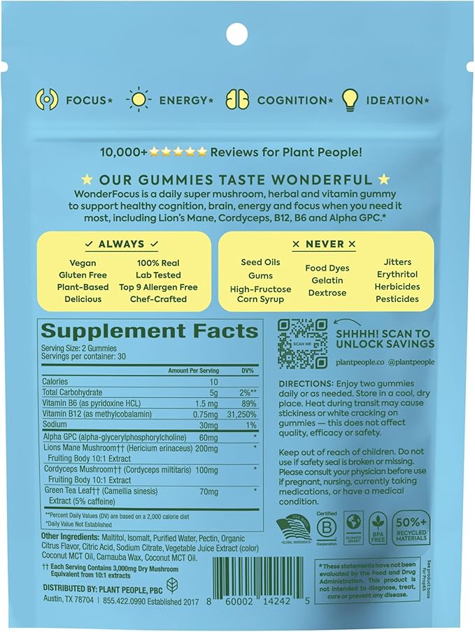 Plant People WonderFocus Mushroom Gummies with Lion’s Mane & Cordyceps - Nootropic Brain Supplement Boosts Memory, Focus, Energy & Mood in Adults | No Sugar, 100% Vegan, Citrus Flavor, 60 Count