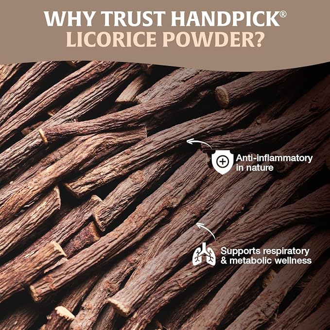 HANDPICK Licorice Root Powder (226g/8oz) Non GMO, Gluten Free, 100% Raw Ground Mulethi, Sourced from India, Glycyrrhiza Glabra, Packed in Resealable Ziplock Pouch