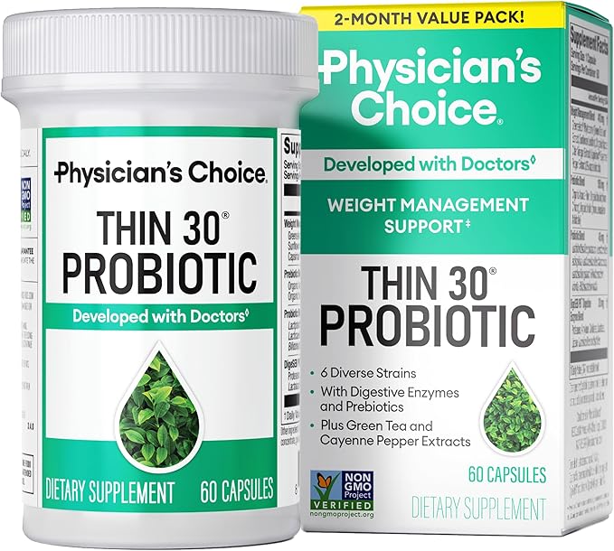 Physician's CHOICE Probiotics for Weight Management & Bloating - 6 Probiotic Strains - Prebiotics - Key ingredient Cayenne - Supports Gut Health - Weight Management for Women & Men - Green Tea - 60 CT