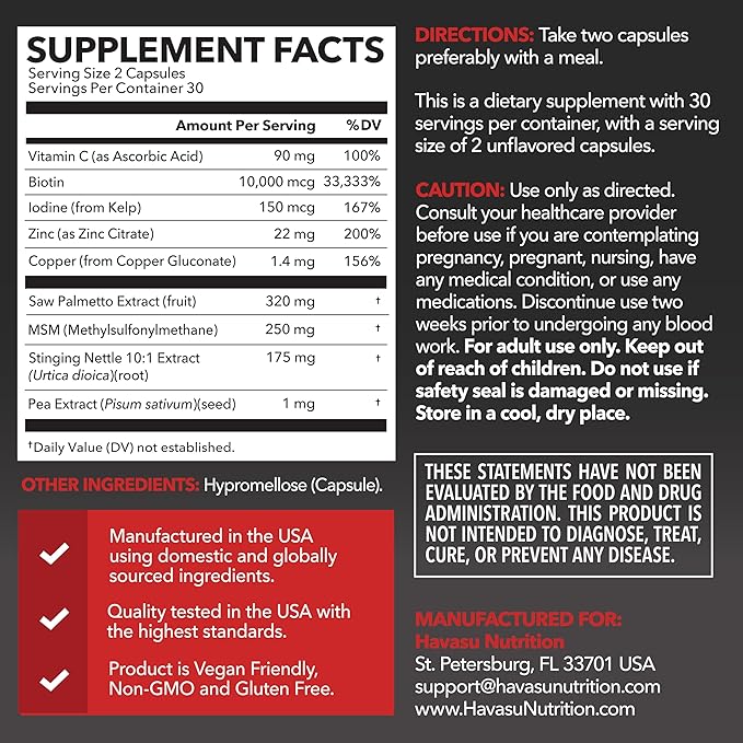 DHT Blocker for Men with Biotin 10000mcg Per Serving, Saw Palmetto Extract & MSM - Supports Normal Healthy Hair Growth - With Pea Extract & Stinging Nettle - Vegan, Non-GMO, Gluten Free - 30 Servings