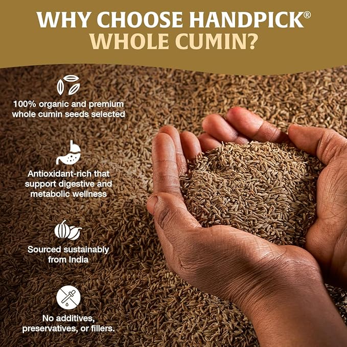 HANDPICK Cumin Seeds (397g/14oz) Non GMO, Gluten Free, 100% Raw, Sourced from India, Excellent Flavor, Aromatic, For Tempering, Spice Blends and Seasonings, Packed in Resealable Ziplock Pouch