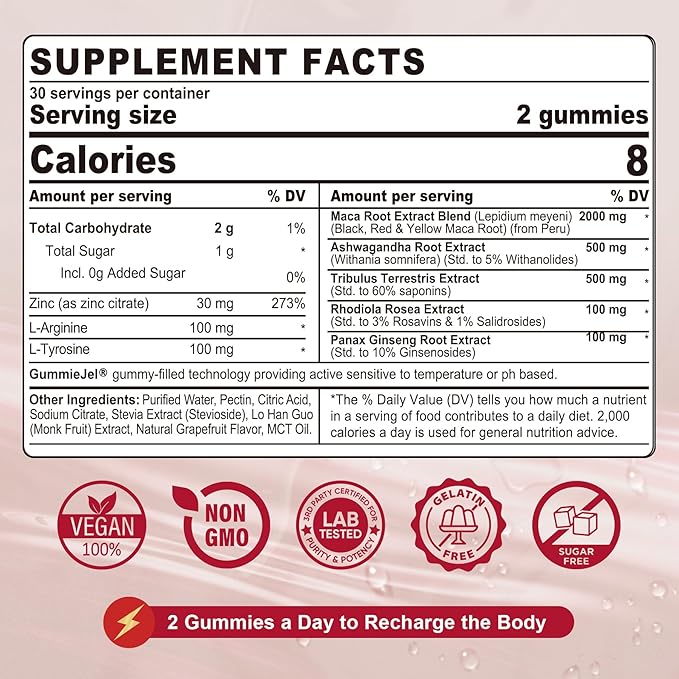Maca Root Filled Gummies 2000mg for Women Men | Sugar Free | Organic Black, Red, Yellow Maca Root Supplement Gummy Chews with Ashwagandha Ginseng & Zinc | Vegan, Non-GMO, Grapefruit Flavor, 60 Count