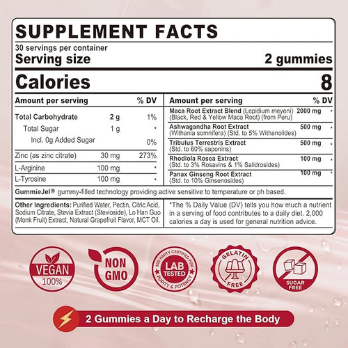 2 Pack Sugar Free Maca Root Gummies 2000mg with Ashwagandha, Tribulus Terrestris, Rhodiola, Panax Ginseng, L Arginine & L Tyrosine - Organic Black Red Yellow Maca Root for Women Men Energy Support