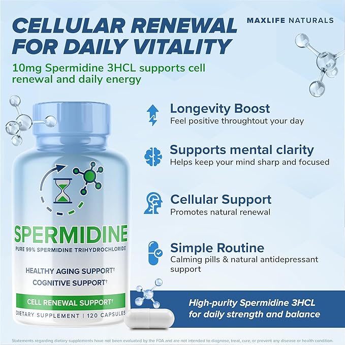 MaxLife Naturals Pure Spermidine Supplement with Trihydrochloride 3HCL 10mg - 120 Capsules Spermidine Supplements for Men and Women, Brain Focus & Cellular Vitality, Cell Renewal Support, Made in USA