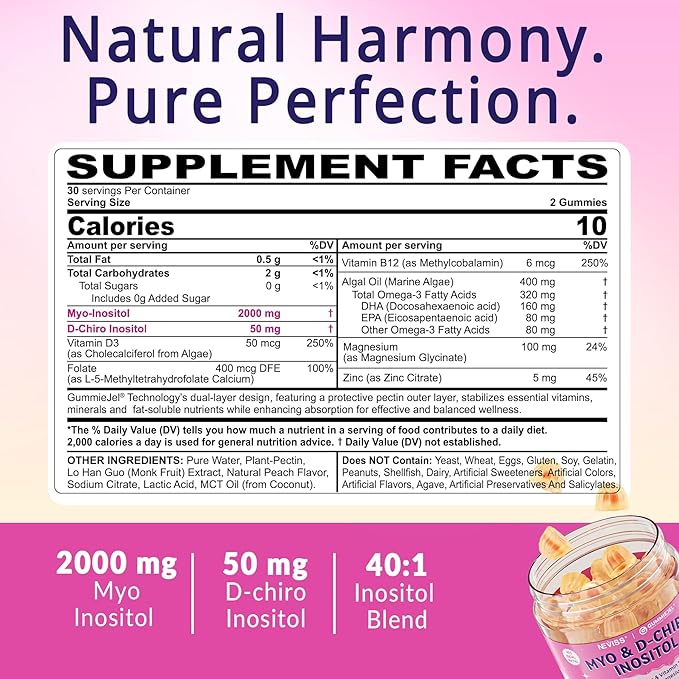 Myo-Inositol & D-Chiro Inositol, Hormone Balance for Women | Sugar Free Inositol Gummies w/ Omega 3, MTHF Folate, Vitamin D3, B12, Magnesium & Zinc for Ovarian Health, Ideal 40:1 Ratio, Vegan, 60 Cts