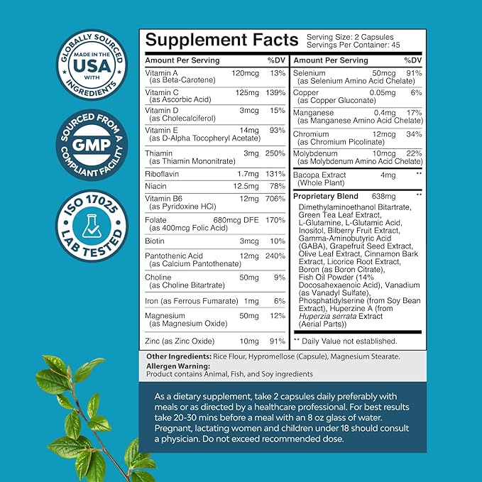 Nootropic Brain Supplement for Memory and Focus Support - Vitamins for Mental Support & Clarity with Bacopa Monnieri, VIT A, B6, Riboflavin, Niacin, Thiamin & Folate - Cognitive Complex - 90 Count