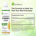 Zenrenu Liposomal Vitamin C and Zinc Liquid Drink for Adults & Kids - Non GMO Sunflower Lecithin - Max Antioxidant & Immune Support, 5 oz / 150 ml