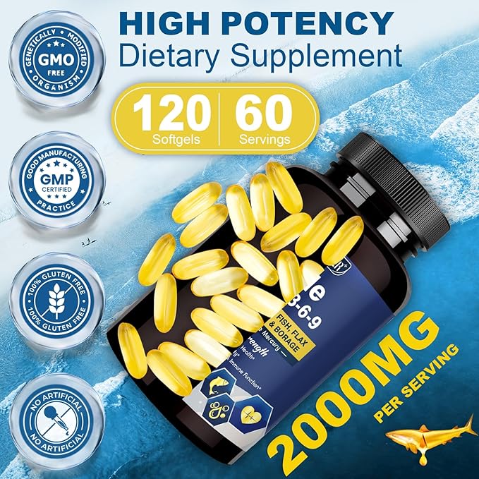 Triple Omega 3-6-9 Fish Oil 2000mg with Vitamin E - EPA & DHA Fatty Acids Supplement - Supports Heart, Brain, Eye, Skin & Immune Health - Includes Flaxseed & Borage, Non-GMO, 120 Softgels