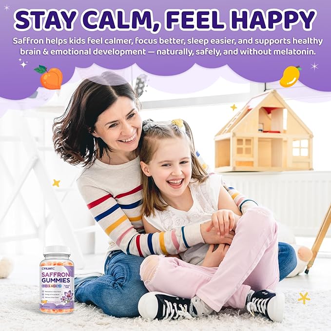 Saffron Gummies for Kids & Adults, 20-in-1 Saffron Supplements with 88.5mg Saffron Extract, B6, B12, C, D3, Magnesium for Calm, Focus, Nerve, Sugar Free, Vegan, Non-GMO Peach Mango Flavor, 120 Counts