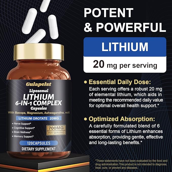 Lisopomal Lithium Orotate Complex Capsules, Lithium Orotate 20 mg, Magnesium Glycinate & Ashwagandha, Brain Health Supplements for Cognitive, Mood & Memory – Non-GMO, 120 Vegan Capsules