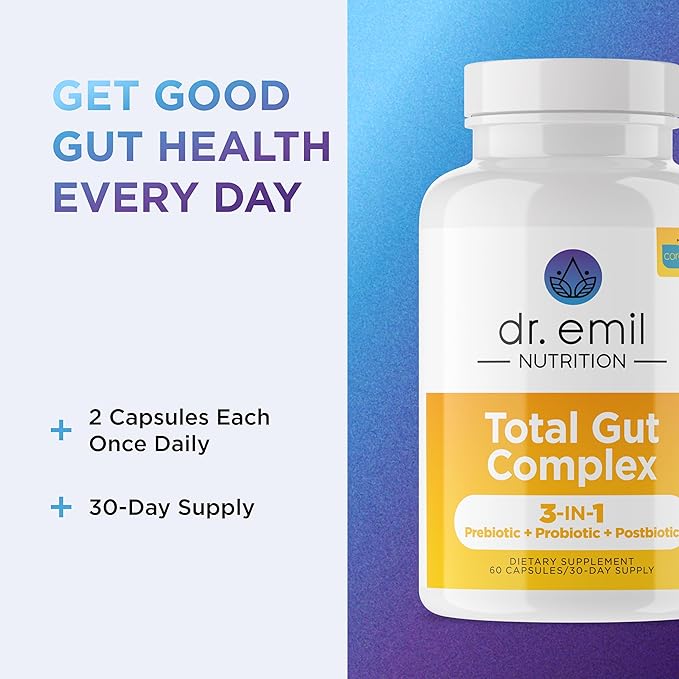DR. EMIL NUTRITION Women & Men Total Gut Health Complex | Prebiotic + Probiotic + Postbiotic Gut Health Supplements | Probiotics Digestive Health & Gut Health | 60 Capsules