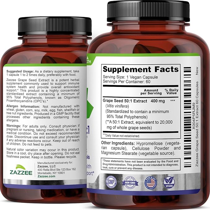 Zazzee High Strength Grape Seed 50:1 Extract, 60 Vegan Capsules, 95% Polyphenols, 400 mg per Capsule, 2 Month Supply, Antioxidant, Circulation & Blood Flow Support, Non-GMO, Made in the USA