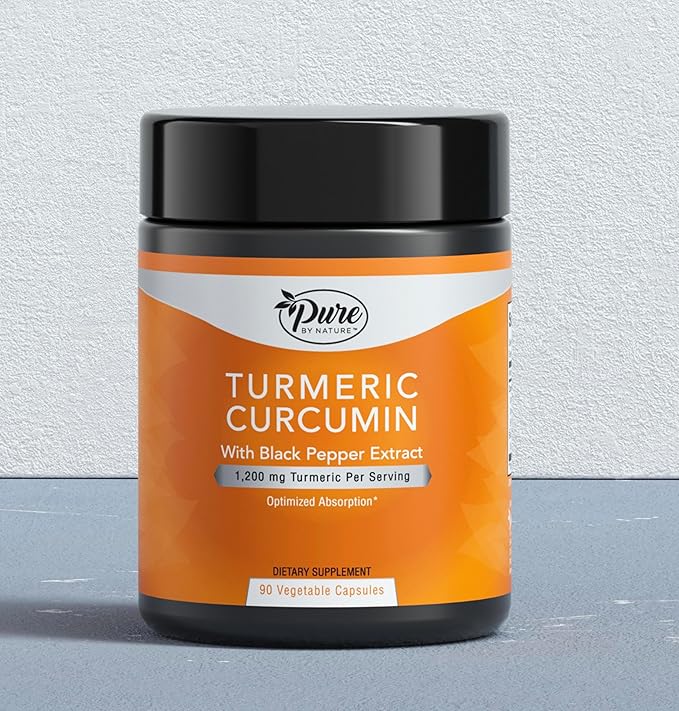 Pure By Nature Turmeric Curcumin Supplement with Black Pepper Extract - 95% Curcuminoids Turmeric Supplement, Organic High Absorption Antioxidant Support for Joint Immune Health – 1200mg/Serving (90)
