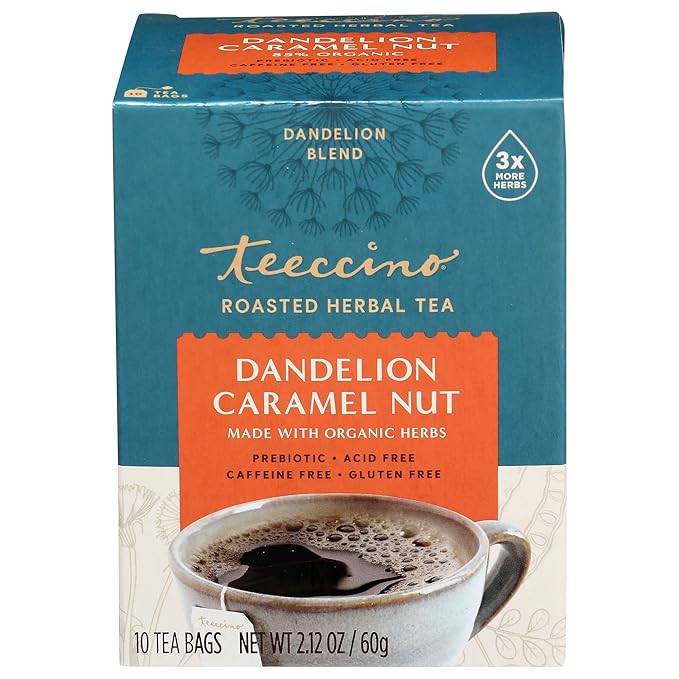 Teeccino Dandelion Caramel Nut Tea - 10 Tea Bags - Caffeine Free, Roasted Herbal Tea with Prebiotics, 3x More Herbs than Regular Tea Bags, Gluten Free