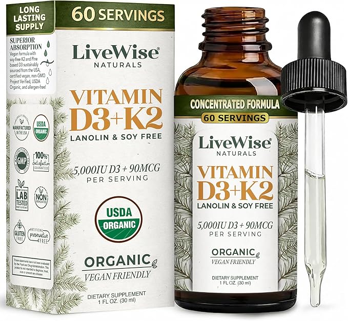 Vegan D3 K2 Vitamin 5000 IU, 90 MCG (MK-7) Drops - 60 Servings, Ultra Concentrated Formulation, and Fast Absorption - Precision Micro-Dosing Dropper for Cognitive & Immune Support