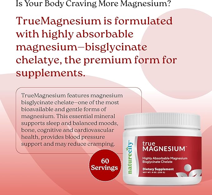 NatureCity TrueMagnesium Highly Absorbable Chelated Magnesium Bisglycinate Powder Drink Mix (60 Servings) - Magnesium Supplement for Sleep and to Support Bone Health & Muscles