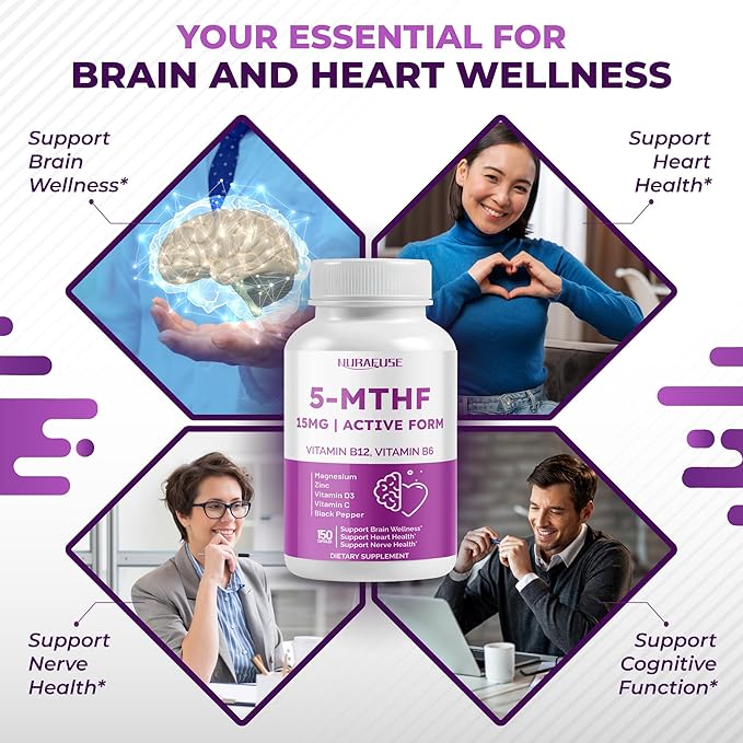 High Potency 5-MTHF (Active Form) with Vitamin B12, Vitamin B6, Magnesium & Black Pepper – Supports Brain Wellness, Heart Health & Nerve Health*