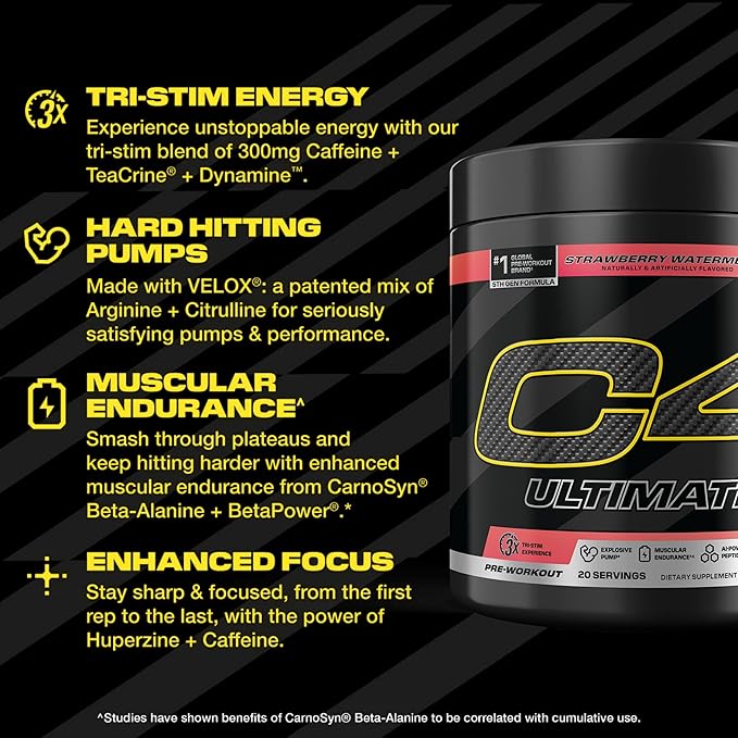 C4 Ultimate Pre Workout Powder Watermelon - Sugar Free Preworkout Energy Supplement for Men & Women - 300mg Caffeine + 3.2g Beta Alanine + 2 Patented Creatines - 20 Servings