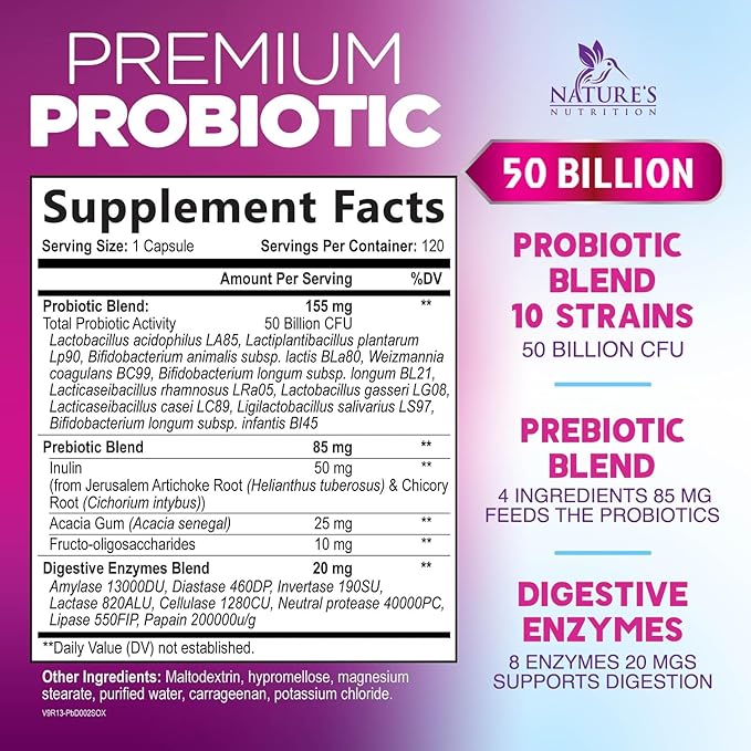 Probiotics for Digestive Gut Health - 50 Billion CFU Per Capsule, 10 Premium Strains & Prebiotics - Best Probiotics for Women & Men, Occasional Constipation, Gas, Immune Health Support - 120 Capsules