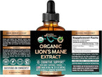 Lions Mane Liquid - USDA Certified Organic Lions Mane Supplement - Brain Support, Energy, Memory & Focus - Sugar & Alcohol-Free Lion's Mane Mushroom Extract 72,000 mg / Bottle, 2 Fl OZ, 2 Month Supply