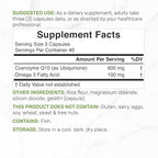 CoQ10 600mg, 120 Capsules – with Omega 3 Fatty Acid 100mg – Max Strength – Bioavailable Coenzyme Q10 Supplements – Heart, Energy, & Brain Health Antioxidant Support – Non-GMO